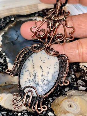 Large Antique Copper-wire-wrapped Dendritic Agate Crystal Pendant 3 7/8”